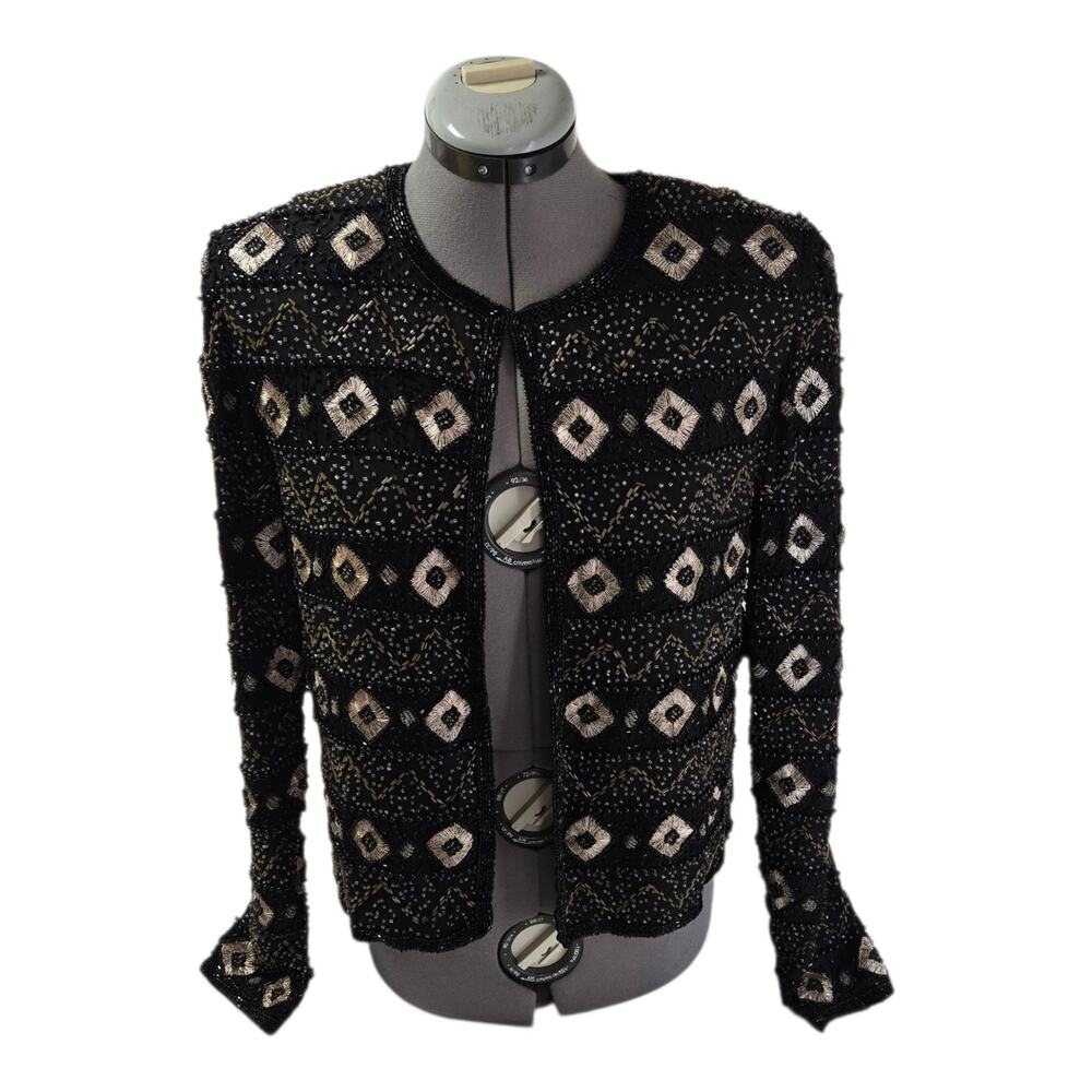 Papell Boutique Vintage Silk Beaded Top Black/Silver, Size M